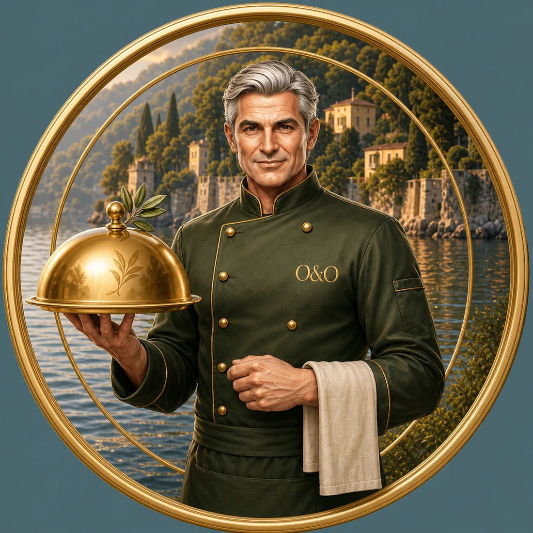 Olive and Oak chef holding a golden serving cloche